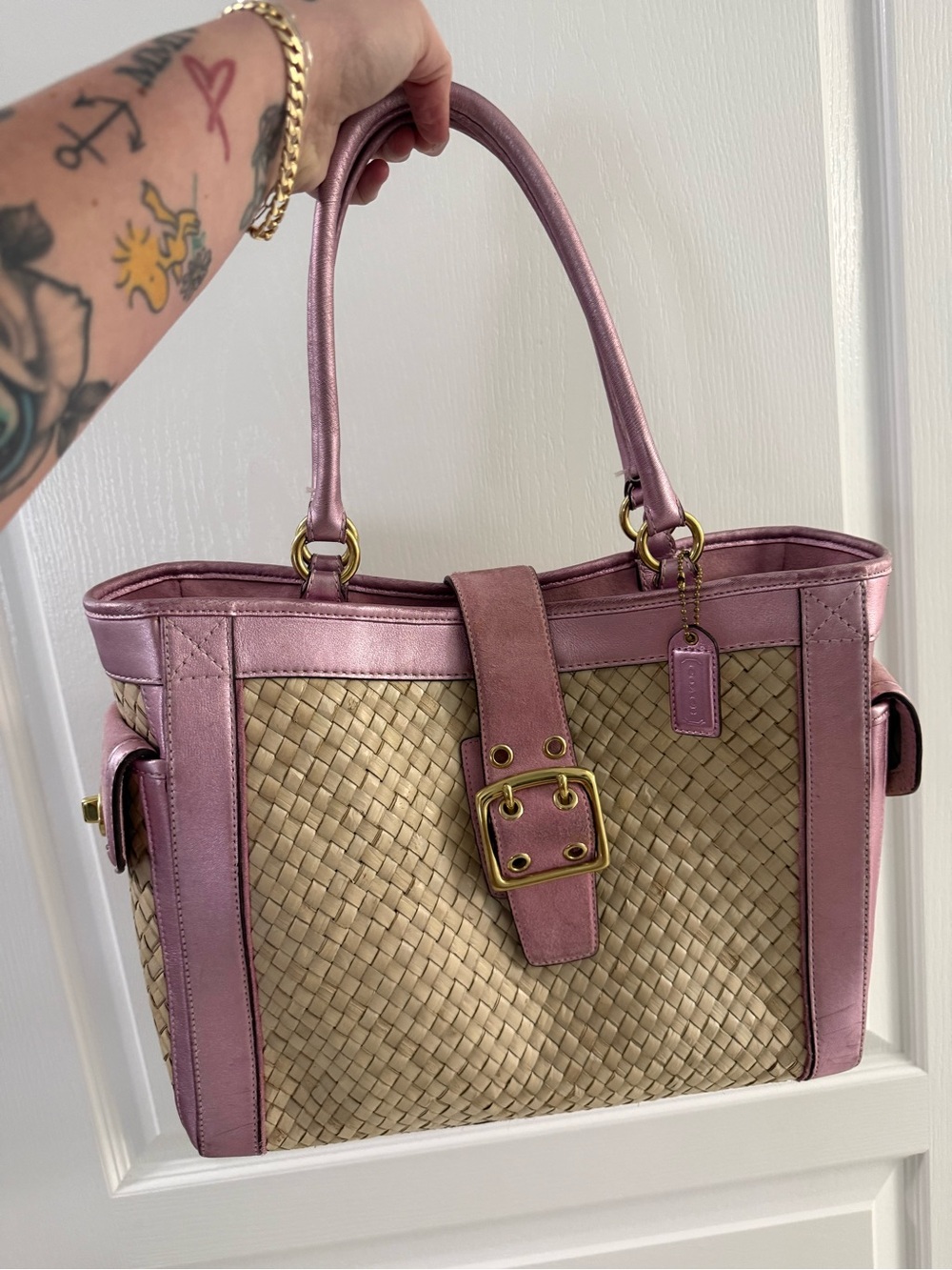 Vintage Y2K Coach Hamptons Woven Straw Pink SoHo Buckle Purse